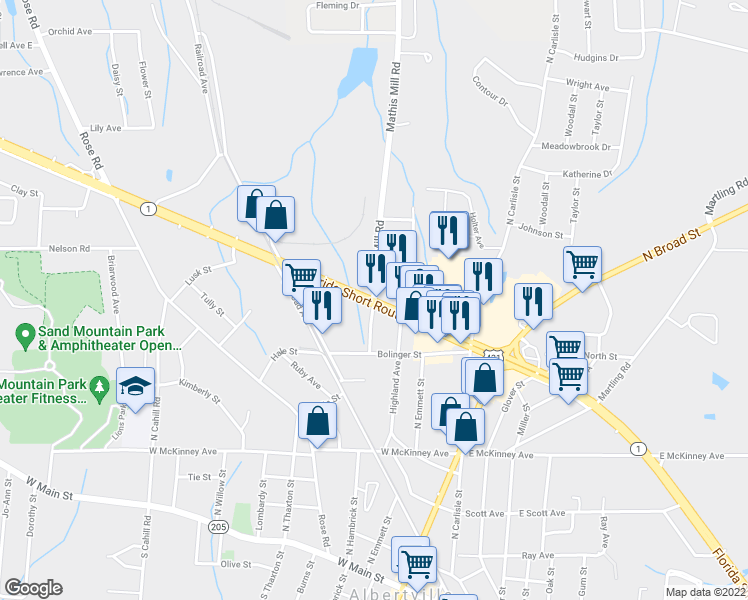 map of restaurants, bars, coffee shops, grocery stores, and more near 1947 Mathis Mill Road in Albertville