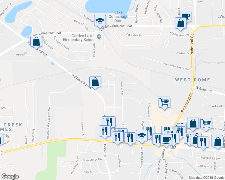 map of restaurants, bars, coffee shops, grocery stores, and more near 117 Melody Lane Northwest in Rome