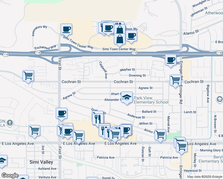 map of restaurants, bars, coffee shops, grocery stores, and more near 2294 Caldwell Avenue in Simi Valley