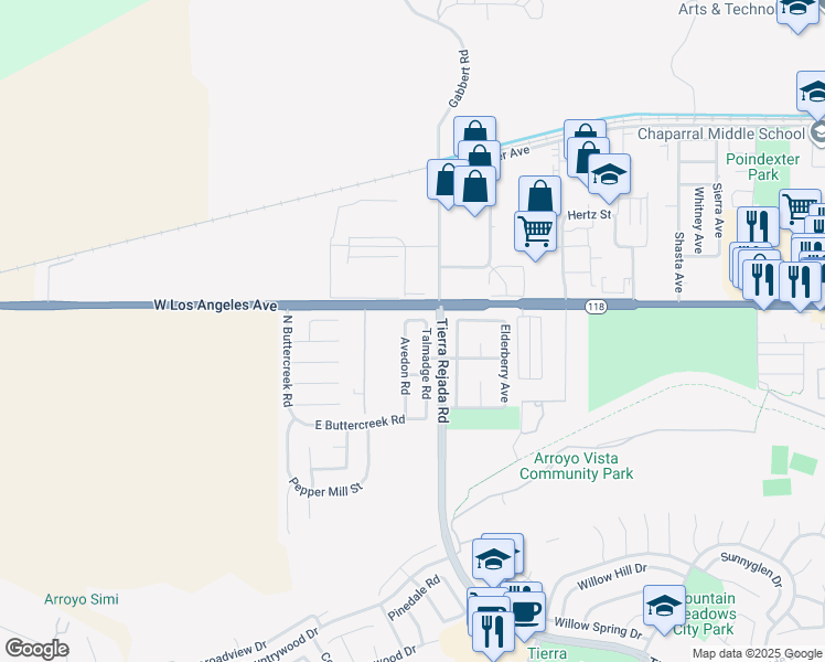 map of restaurants, bars, coffee shops, grocery stores, and more near 4854 Avedon Road in Moorpark