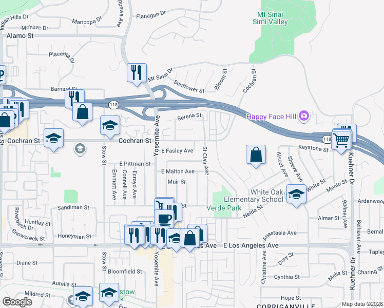 map of restaurants, bars, coffee shops, grocery stores, and more near 5944 East Fasley Avenue in Simi Valley