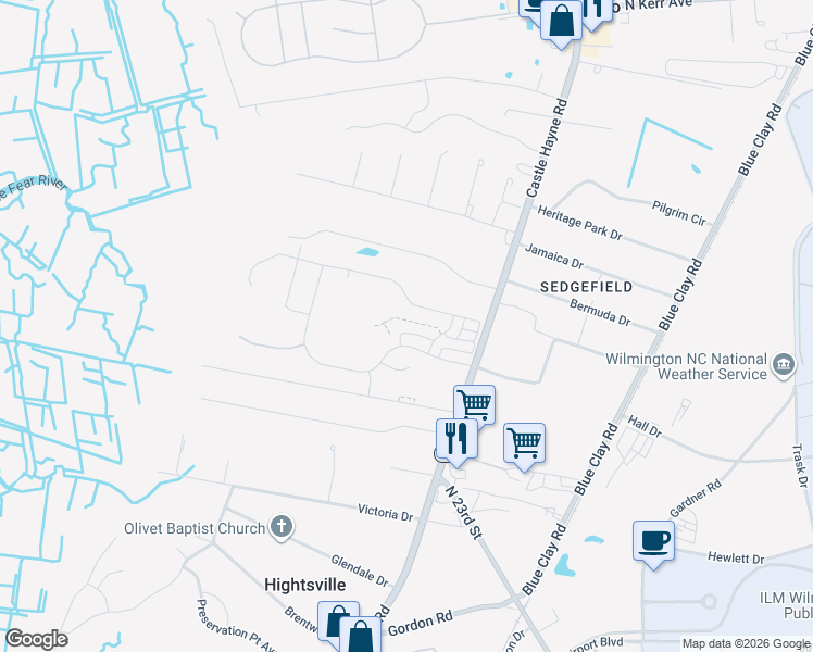 map of restaurants, bars, coffee shops, grocery stores, and more near 2017 Castle Hayne Road in Wilmington