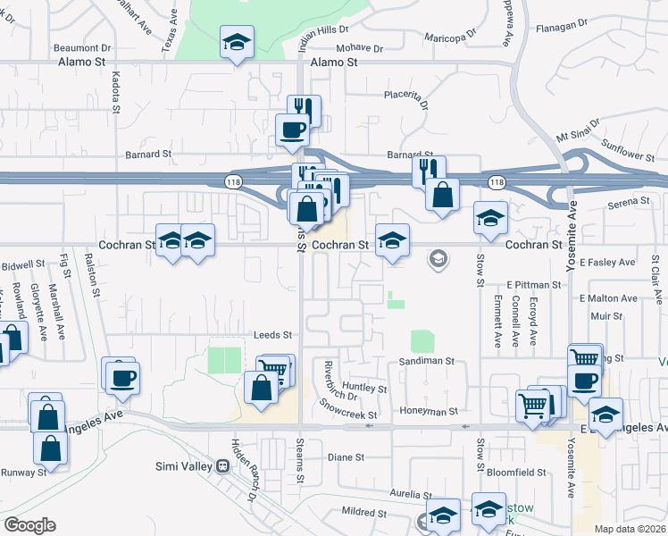 map of restaurants, bars, coffee shops, grocery stores, and more near 2362 Oak Haven Avenue in Simi Valley