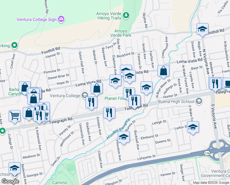 map of restaurants, bars, coffee shops, grocery stores, and more near 61 Day Road in Ventura