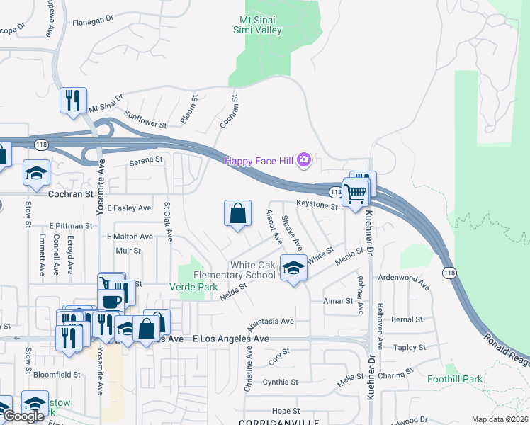 map of restaurants, bars, coffee shops, grocery stores, and more near 2371 Alscot Avenue in Simi Valley