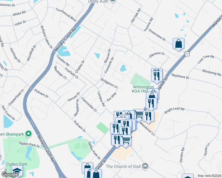 map of restaurants, bars, coffee shops, grocery stores, and more near 215 Bridgeton Court in Wilmington
