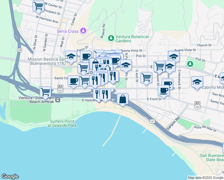 map of restaurants, bars, coffee shops, grocery stores, and more near 568 East Thompson Boulevard in Ventura