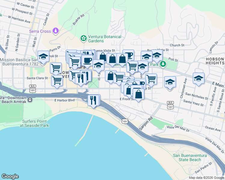 map of restaurants, bars, coffee shops, grocery stores, and more near 828 East Thompson Boulevard in Ventura