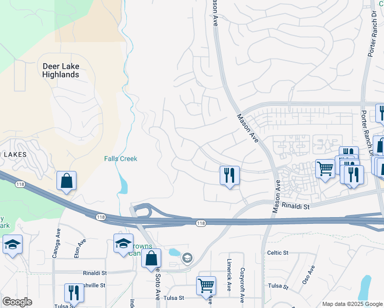 map of restaurants, bars, coffee shops, grocery stores, and more near 20769 Lugano Way in Los Angeles