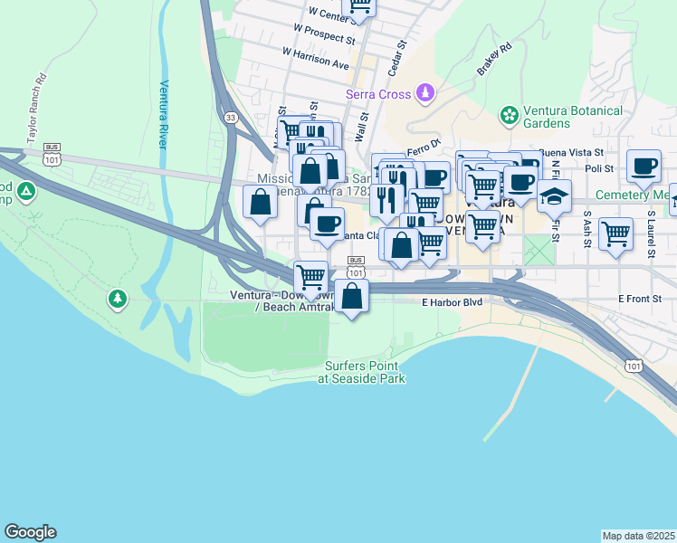 map of restaurants, bars, coffee shops, grocery stores, and more near 2 East Thompson Boulevard in Ventura