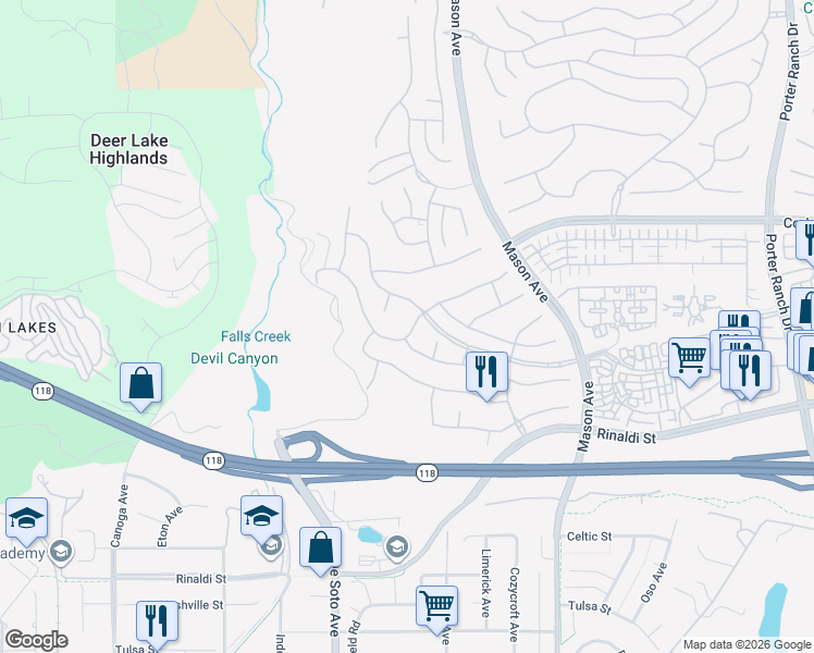 map of restaurants, bars, coffee shops, grocery stores, and more near 20769 Lugano Way in Los Angeles