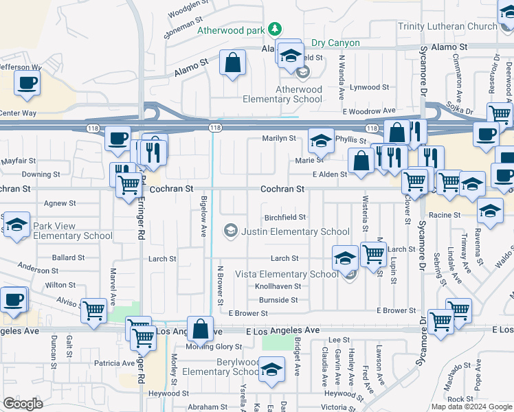 map of restaurants, bars, coffee shops, grocery stores, and more near 2357 Lawnview Court in Simi Valley