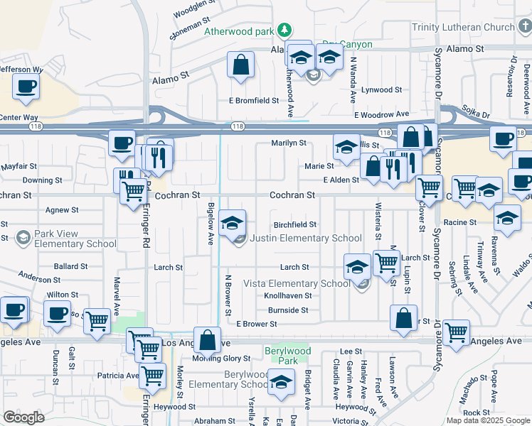 map of restaurants, bars, coffee shops, grocery stores, and more near 2357 Lawnview Court in Simi Valley