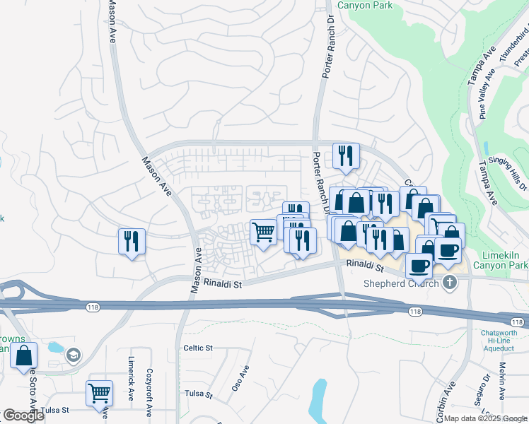 map of restaurants, bars, coffee shops, grocery stores, and more near 11415 Porter Ranch Dr in Los Angeles