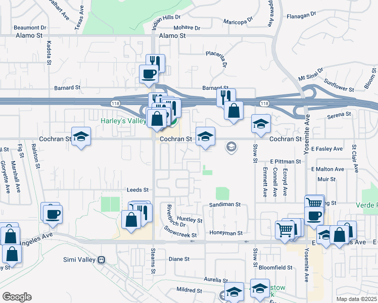 map of restaurants, bars, coffee shops, grocery stores, and more near 2343 Archwood Lane in Simi Valley