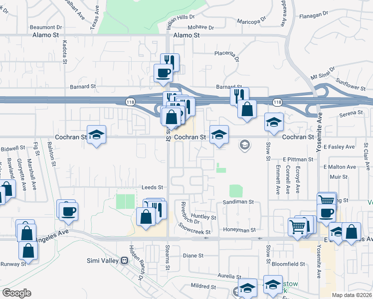 map of restaurants, bars, coffee shops, grocery stores, and more near 2356 Hampton Avenue in Simi Valley