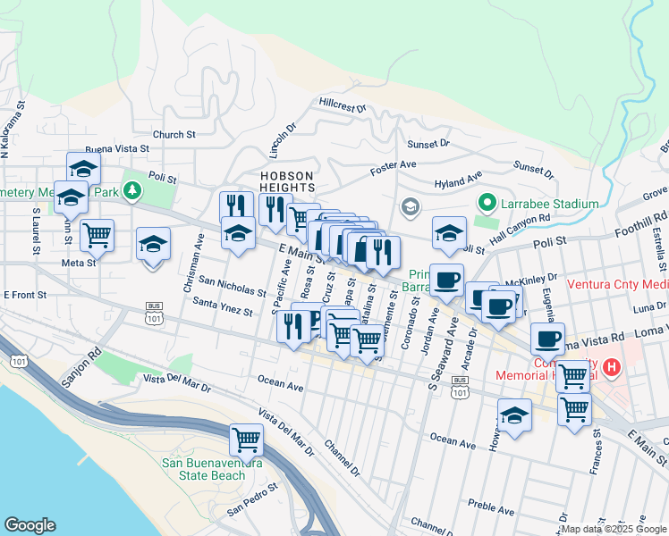 map of restaurants, bars, coffee shops, grocery stores, and more near 1954 East Main Street in Ventura