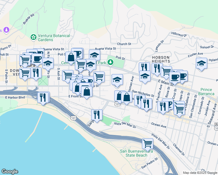 map of restaurants, bars, coffee shops, grocery stores, and more near 1256 Meta Street in Ventura