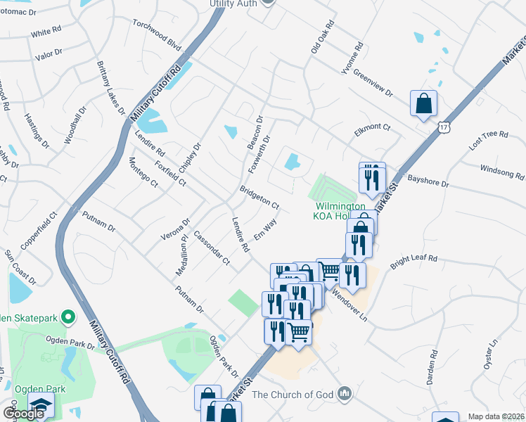 map of restaurants, bars, coffee shops, grocery stores, and more near 215 Bridgeton Court in Wilmington