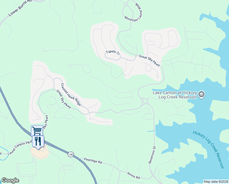 map of restaurants, bars, coffee shops, grocery stores, and more near 119 Stargaze Ridge in Canton