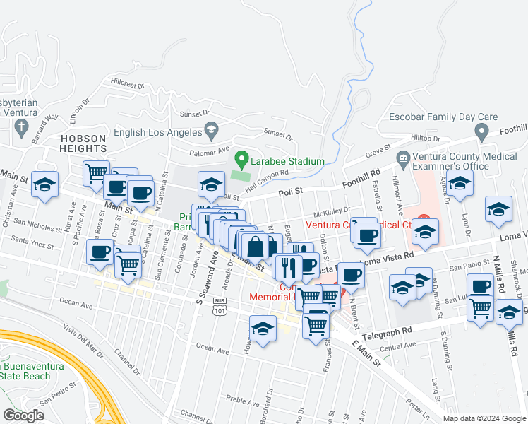 map of restaurants, bars, coffee shops, grocery stores, and more near 215 North Katherine Drive in Ventura