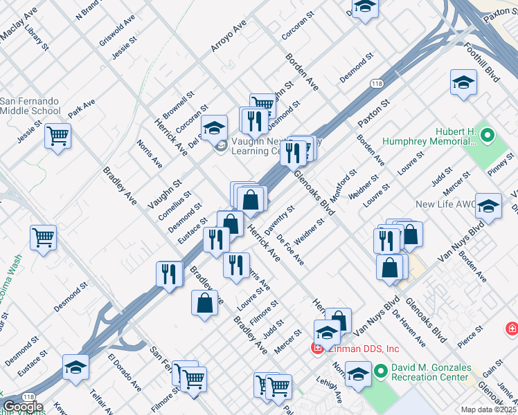 map of restaurants, bars, coffee shops, grocery stores, and more near 13209 Paxton Street in Los Angeles