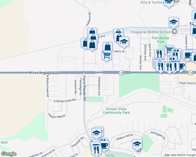 map of restaurants, bars, coffee shops, grocery stores, and more near 4854 Heather Court in Moorpark
