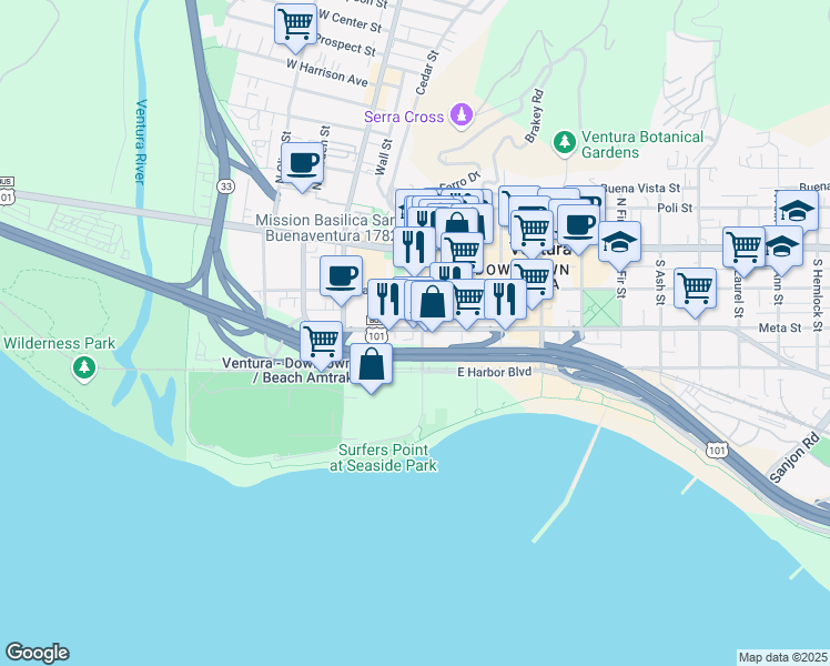 map of restaurants, bars, coffee shops, grocery stores, and more near 186 E Thompson Blvd in Ventura