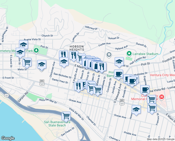 map of restaurants, bars, coffee shops, grocery stores, and more near 1954 East Main Street in Ventura