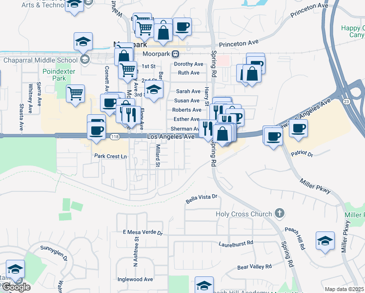 map of restaurants, bars, coffee shops, grocery stores, and more near 4925 Edenbridge Road in Moorpark