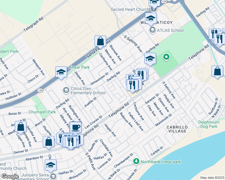 map of restaurants, bars, coffee shops, grocery stores, and more near 1025 Cachuma Avenue in Ventura