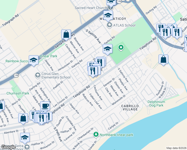 map of restaurants, bars, coffee shops, grocery stores, and more near 10235 Telephone Road in Ventura