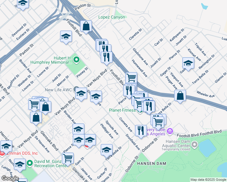 map of restaurants, bars, coffee shops, grocery stores, and more near 12300 Clover Road in Los Angeles