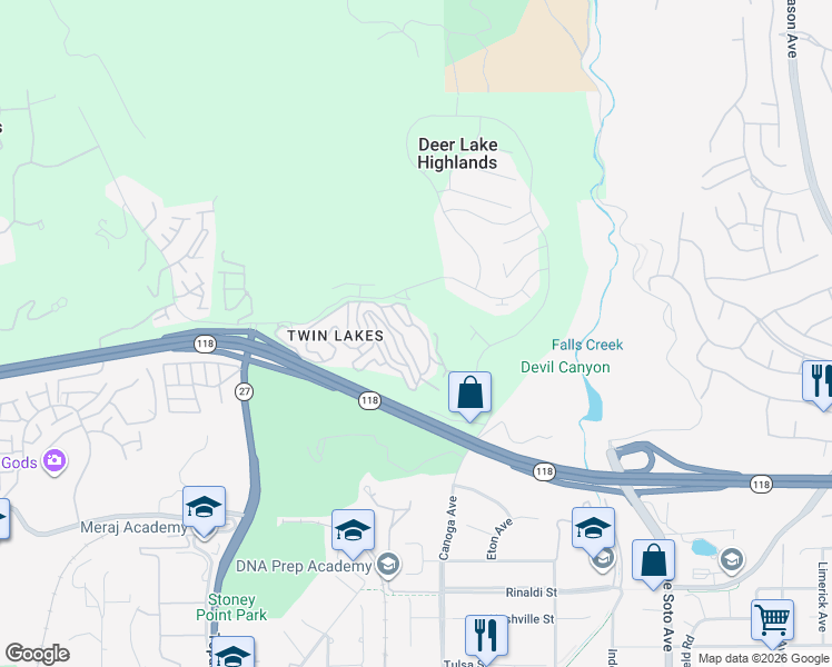 map of restaurants, bars, coffee shops, grocery stores, and more near Aucas Drive in Los Angeles County