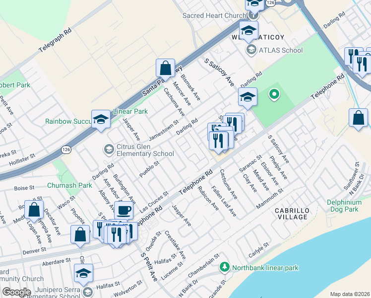 map of restaurants, bars, coffee shops, grocery stores, and more near 1025 Cachuma Avenue in Ventura