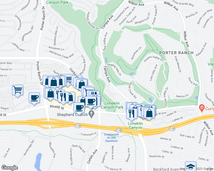 map of restaurants, bars, coffee shops, grocery stores, and more near 11443 Tampa Avenue in Los Angeles