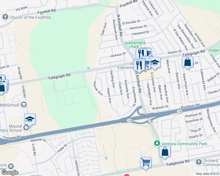 map of restaurants, bars, coffee shops, grocery stores, and more near 168 Hayes Avenue in Ventura