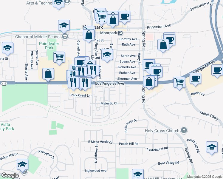 map of restaurants, bars, coffee shops, grocery stores, and more near 13191 Westcott Court in Moorpark