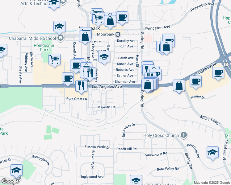 map of restaurants, bars, coffee shops, grocery stores, and more near 31 Fremont Street in Moorpark