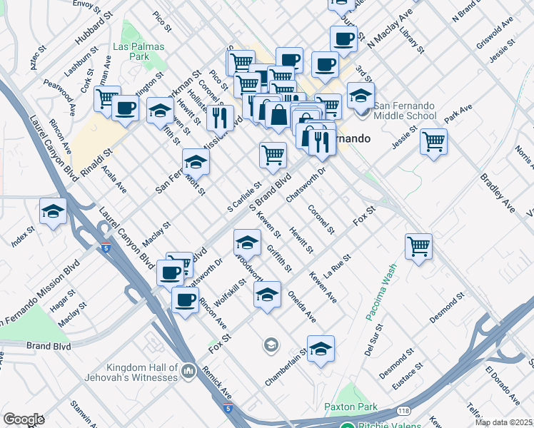 map of restaurants, bars, coffee shops, grocery stores, and more near 569 Chatsworth Drive in San Fernando