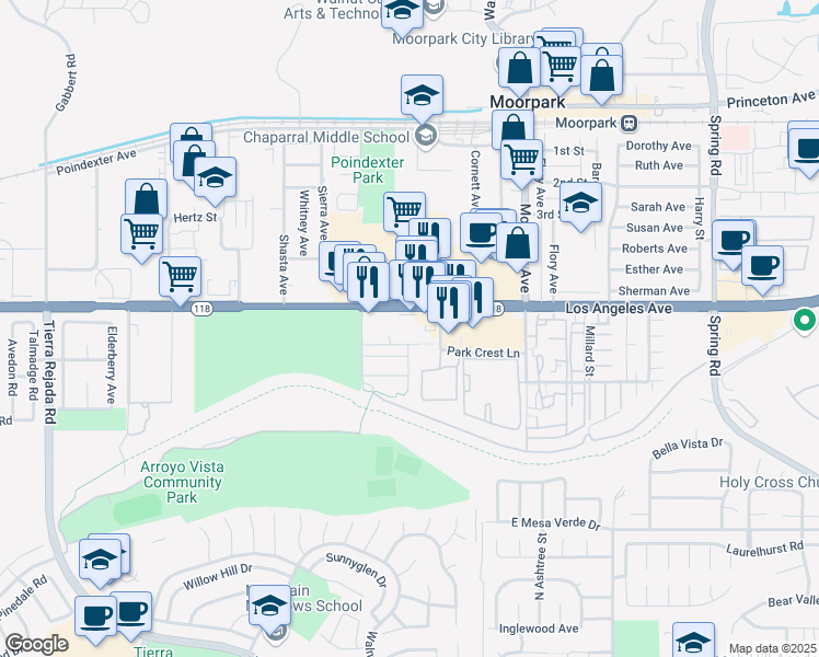 map of restaurants, bars, coffee shops, grocery stores, and more near 12591 James Weak Avenue in Moorpark