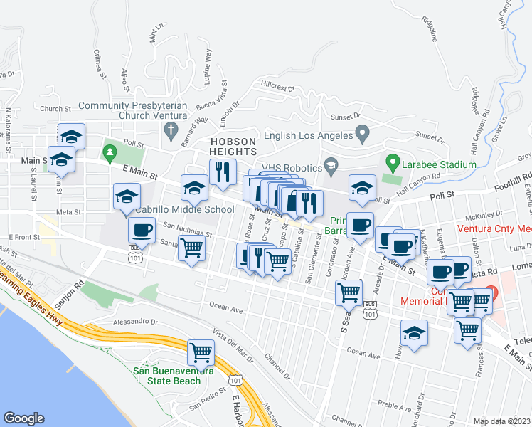 map of restaurants, bars, coffee shops, grocery stores, and more near 1918 East Main Street in Ventura