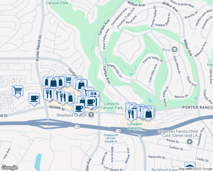 map of restaurants, bars, coffee shops, grocery stores, and more near 11443 Tampa Avenue in Los Angeles