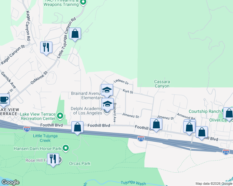 map of restaurants, bars, coffee shops, grocery stores, and more near 10701 Longford Street in Los Angeles