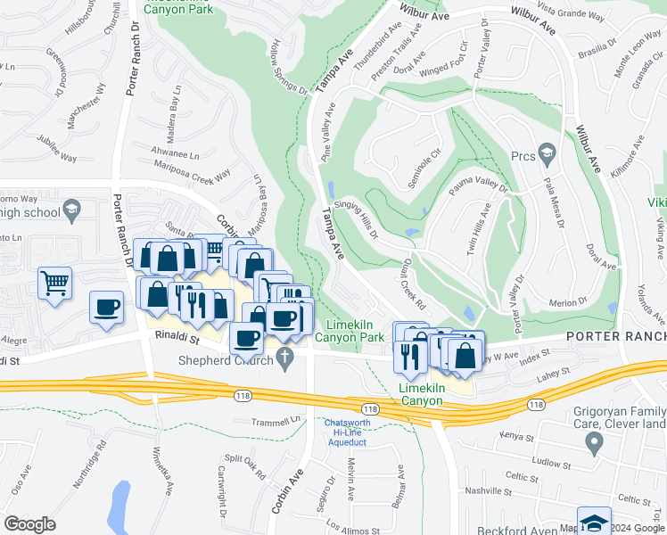 map of restaurants, bars, coffee shops, grocery stores, and more near 11443 Tampa Avenue in Los Angeles