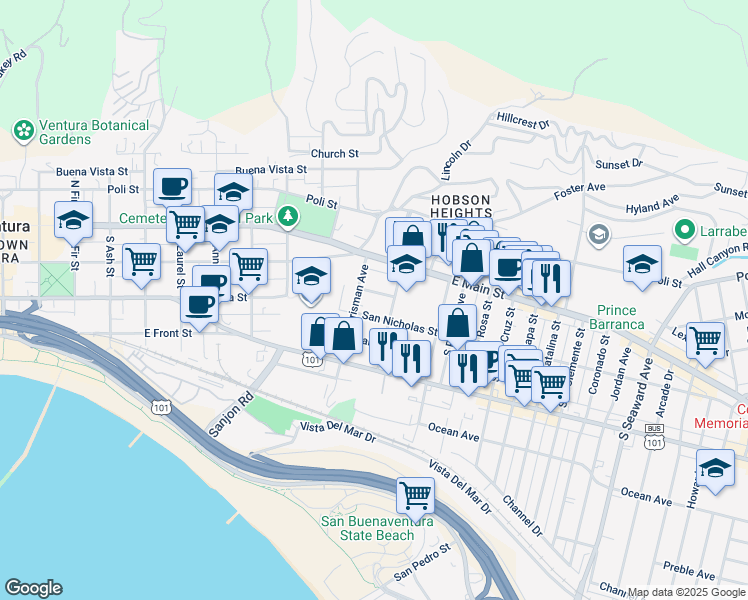 map of restaurants, bars, coffee shops, grocery stores, and more near 1560 Santa Barbara Street in Ventura