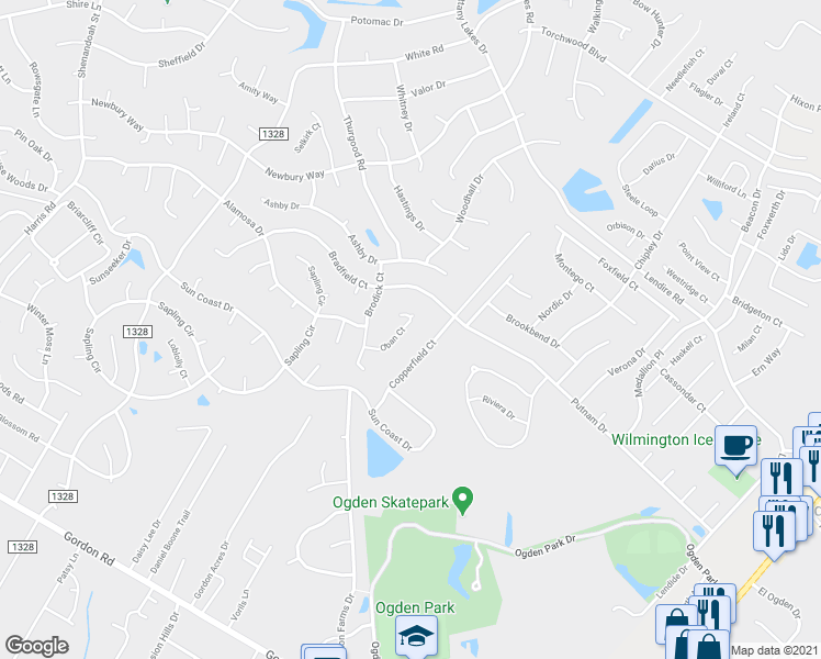 map of restaurants, bars, coffee shops, grocery stores, and more near 2420 Oban Court in Wilmington