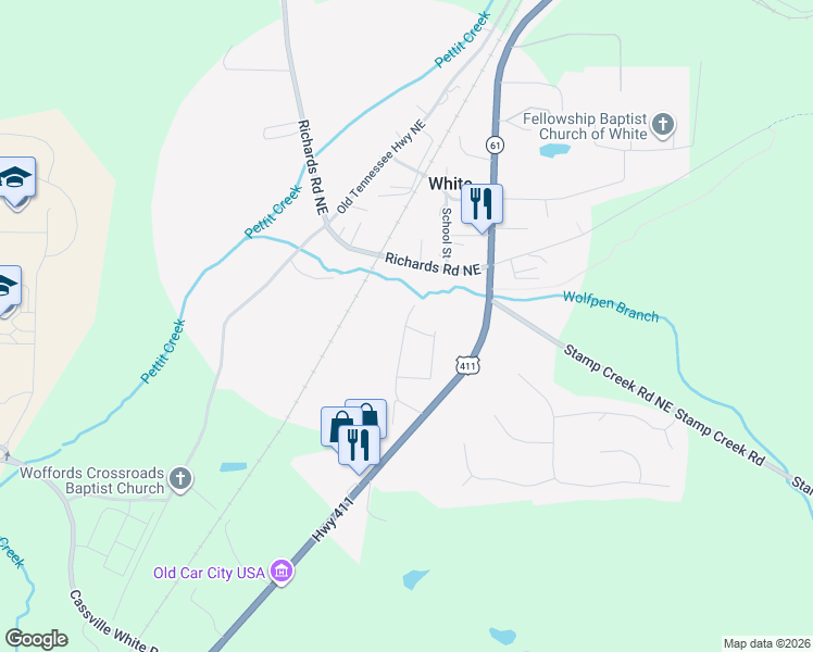 map of restaurants, bars, coffee shops, grocery stores, and more near 119 Whispering Pine Circle in White