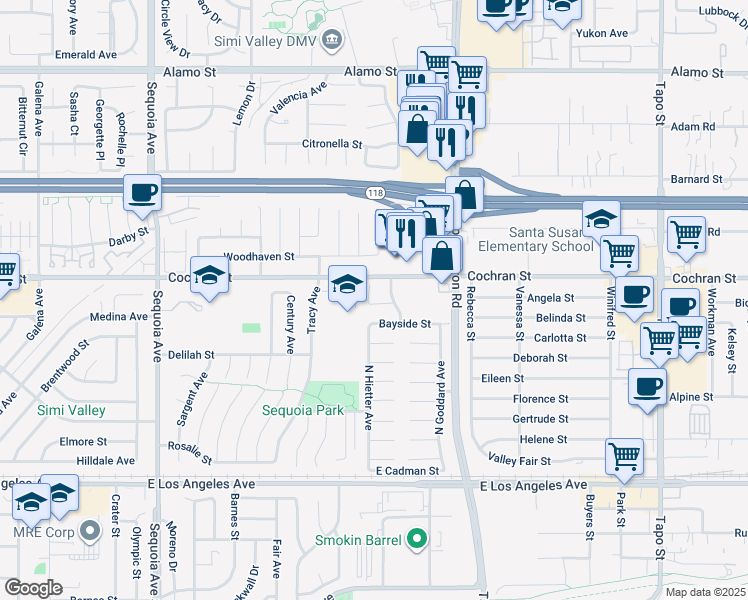 map of restaurants, bars, coffee shops, grocery stores, and more near 3867 Delano Court in Simi Valley