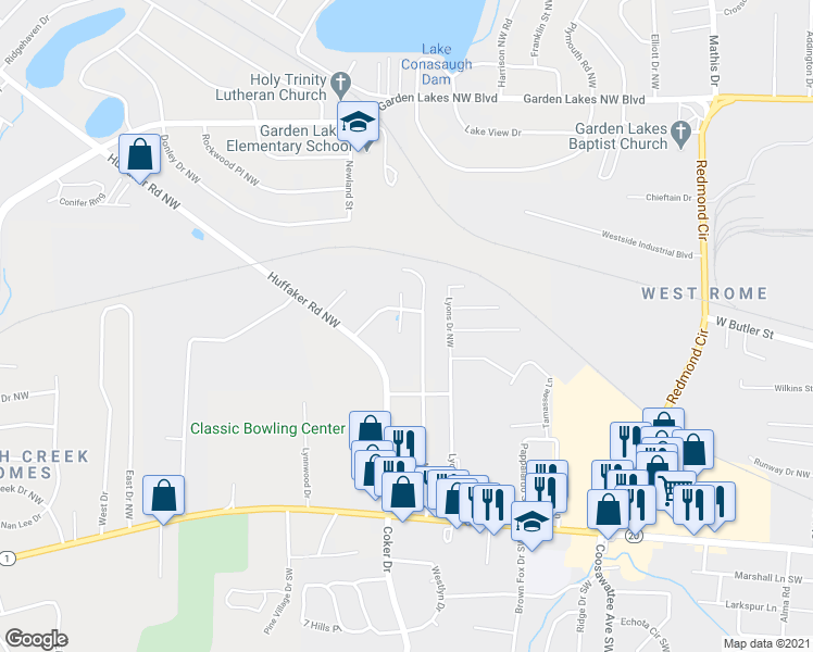 map of restaurants, bars, coffee shops, grocery stores, and more near 7 Chesney Drive Northwest in Rome